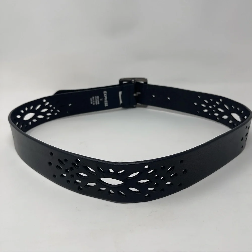 Express Black Cutout Leather‎ Belt | Western Boho Laser Cut | Silver Buckle